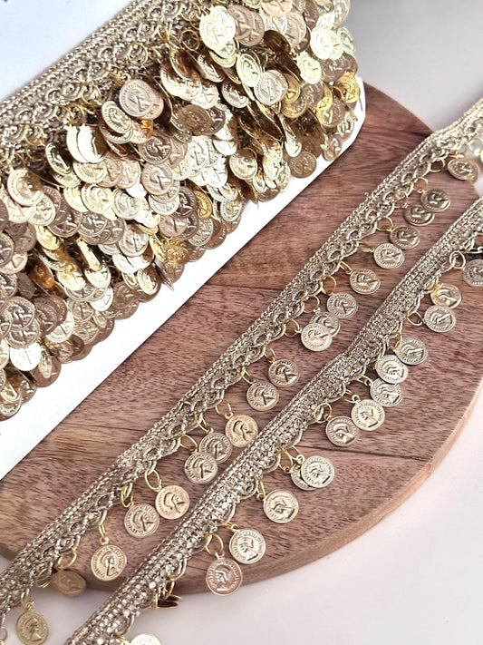Gold Metal Coin Trim Lace for Belly Dance Boho Waist Belt Festival Skirt Potli Bag Choker Headband DIY Crafting Tribal Jewelry Costume Decor