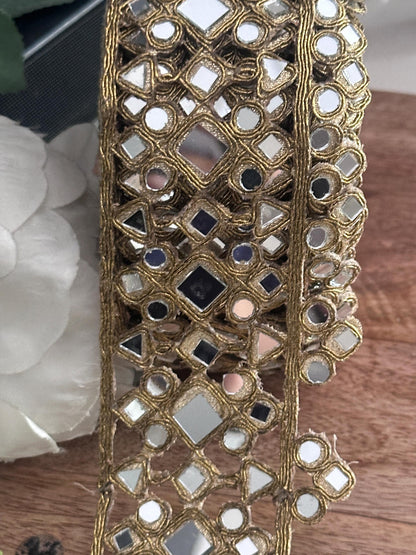 Mirror Work Lace Trim Gold Embroidery Ribbon with Shisha for Sewing Indian Saree Border Ethnic Costume Trim DIY Craft Decorative Mirror