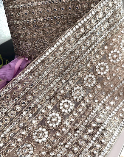 Gold Embroidered Fabric with Mirror Bead Work Indian Bridal Lace Trim for Saree Lehenga Dupatta Dress Zari Border Embellishment by Yard