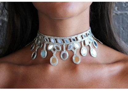 Boho Mirror Choker Necklace Belt Combo Handmade Statement Festival Jewelry Ethnic Fusion Collar for Wedding Dance Party Music Festival Looks