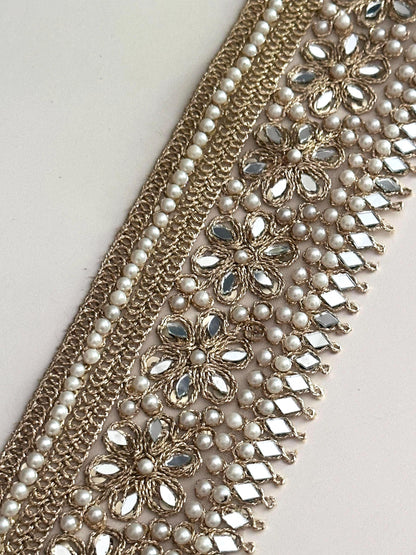 Gold Floral Pearl Trim with Mirror Work Beaded Embellished Lace Saree Border Decorative Ribbon for Saree Sewing Costumes Bridal & DIY Craft