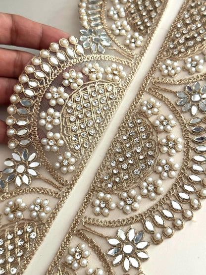 Scalloped Pearl Mirror Lace Trim  Wide Gold Embroidered Border for Veils Saree DIY Bridal Decor Designer Indian Craft Ribbon Broad lace