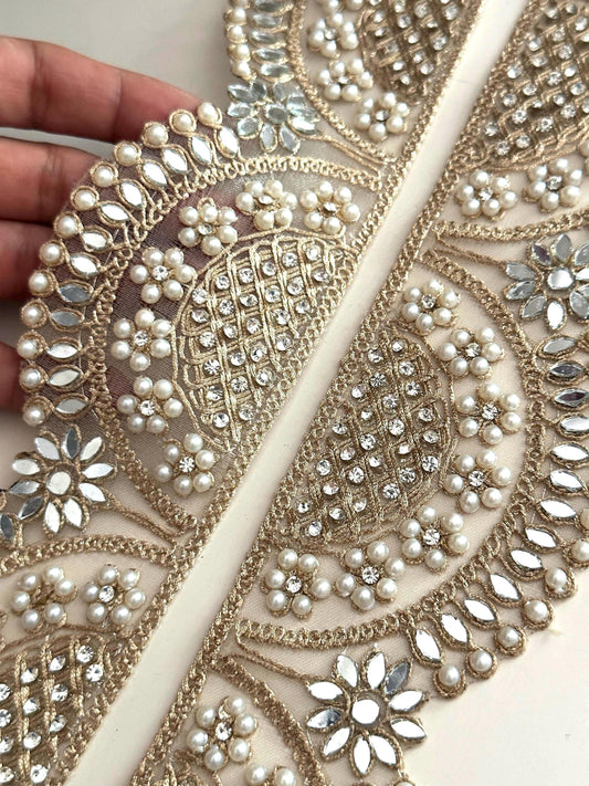 Scalloped Pearl Mirror Lace Trim  Wide Gold Embroidered Border for Veils Saree DIY Bridal Decor Designer Indian Craft Ribbon Broad lace
