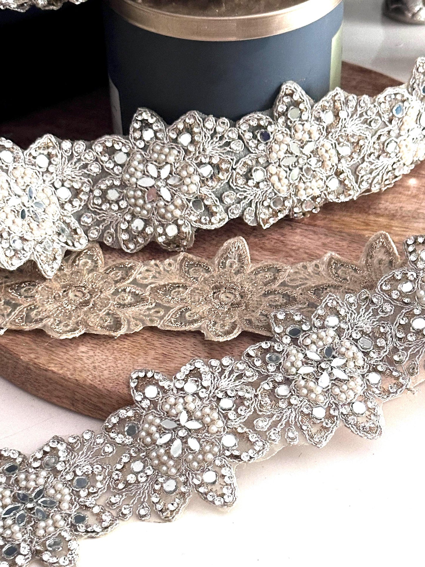 Rhinestone Beaded Lace Trim Silver