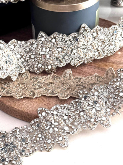 Rhinestone Beaded Lace Trim Silver