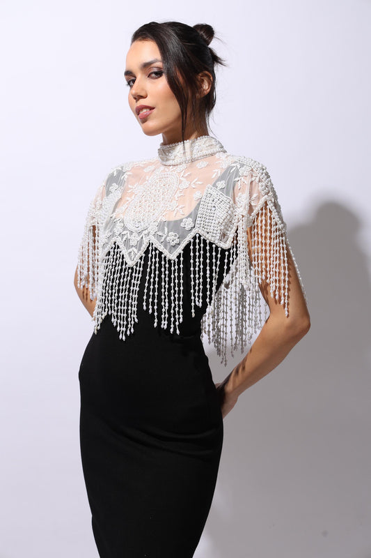 White Embroidered Beaded Cape Bridal Shoulder Cover Up Pearl Fringe Capelet for Dresses Handmade Embellished Cape Wedding Shawl for Gown