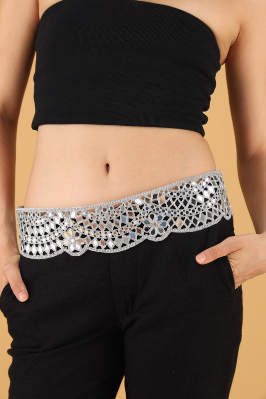 Silver Mirrorwork Waist Belt – Handmade Boho Choker Belt – Festival Fashion Accessory – Indian Crystal Lace Jewelry