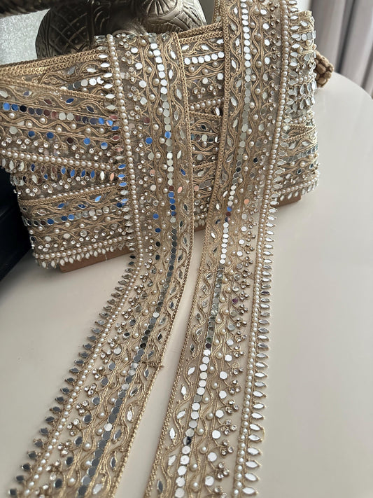 Pearl Mirror Lace Trim Zircon Gold Zari Embroidered Border for Saree, Dress, Decor Indian Wedding Veil Costume Ribbon  2 Inch Net Trim