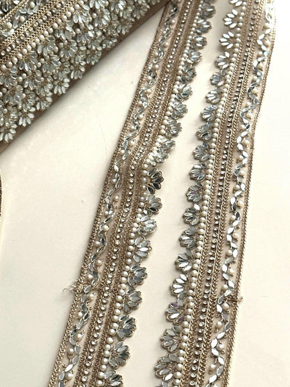 Floral Mirror Pearl Lace Trim Zircon Rhinestone Thin Embroidered Gold Border for Jewelry Costume Veils & Blouses  1 Inch Craft Ribbon India
