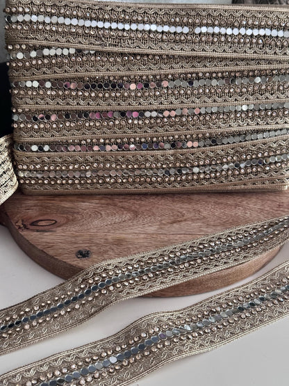 Gold Mirror Crystal Lace Trim Designer Embellished Border for Costume Couture Fashion Wedding Decor Boho DIY Craft Festival Wear Jewelry
