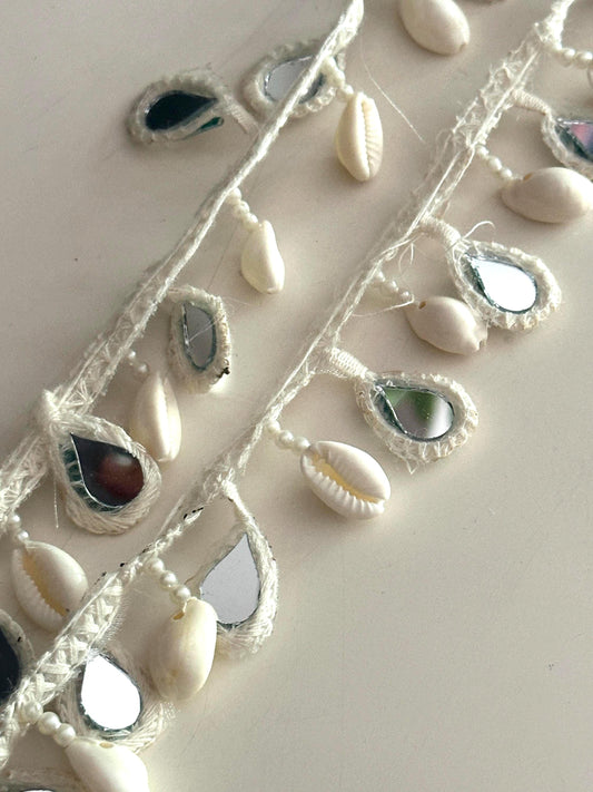 Boho Shell Mirror Lace Trim Cowrie Shell Mirror Work Tassel Lace Border for Resort Dress Kaftan Craft Handmade Ethnic Beach Trim by Yard