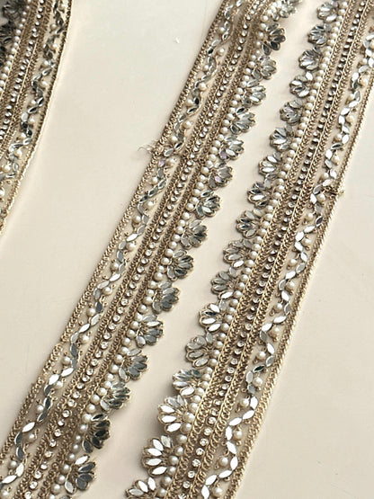 Floral Mirror Pearl Lace Trim Zircon Rhinestone Thin Embroidered Gold Border for Jewelry Costume Veils & Blouses  1 Inch Craft Ribbon India