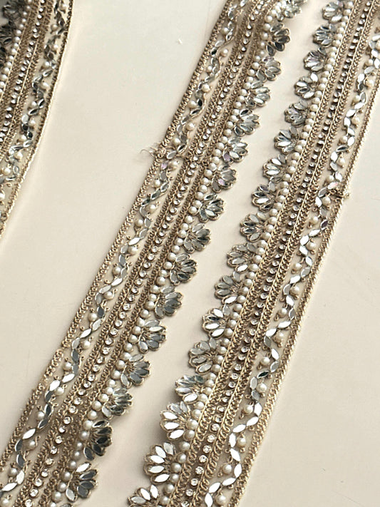 Floral Mirror Pearl Lace Trim Zircon Rhinestone Thin Embroidered Gold Border for Jewelry Costume Veils & Blouses  1 Inch Craft Ribbon India