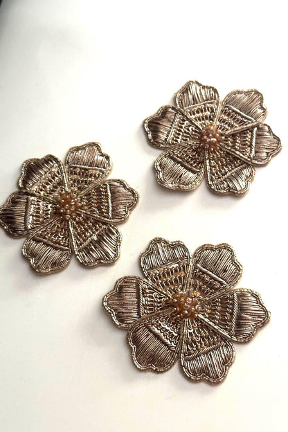 Handmade Gold Floral Embroidery Patch Designer Beaded & Metallic Thread Applique for Dress Jackets Sarees Curtains Cushion  Craft Décor