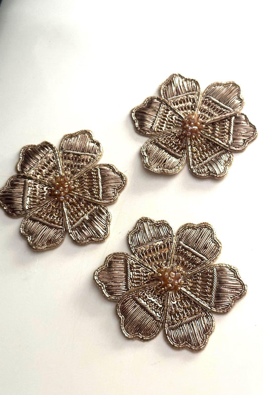 Handmade Gold Floral Embroidery Patch Designer Beaded & Metallic Thread Applique for Dress Jackets Sarees Curtains Cushion  Craft Décor