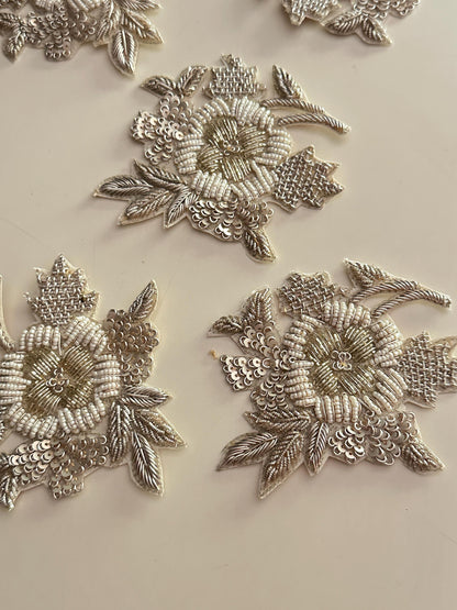 Hand Embroidered Silver Floral Applique Patch Pearl Bead Bridal Saree Dress Jacket Craft Embellishment Zardozi Embroidery Sequin Motif