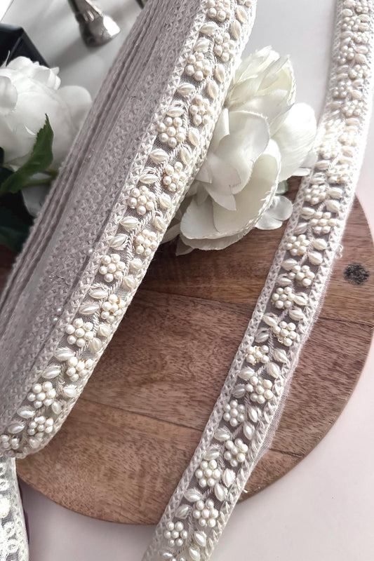 Ivory Pearl Beaded Embroidery Trim Floral Lace Ribbon for Bridal Gown