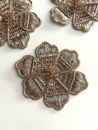 Handmade Gold Floral Embroidery Patch Designer Beaded & Metallic Thread Applique for Dress Jackets Sarees Curtains Cushion  Craft Décor