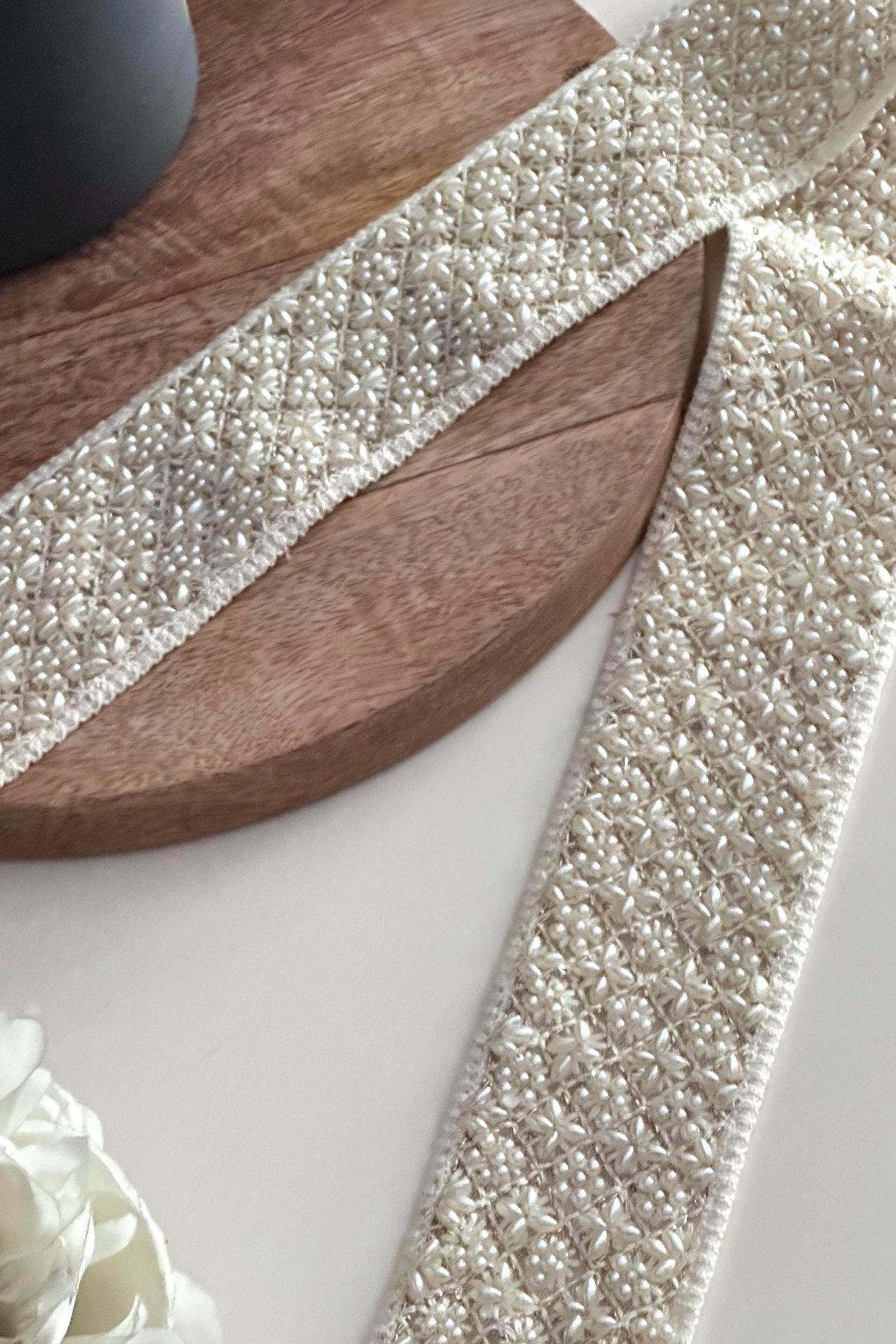 Ivory Pearl Beaded Trim 2 Inch Wide Wedding Gown Ribbon for Dress Sashes