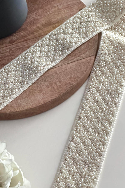 Ivory Pearl Beaded Trim 2 Inch Wide Wedding Gown Ribbon for Dress Sashes