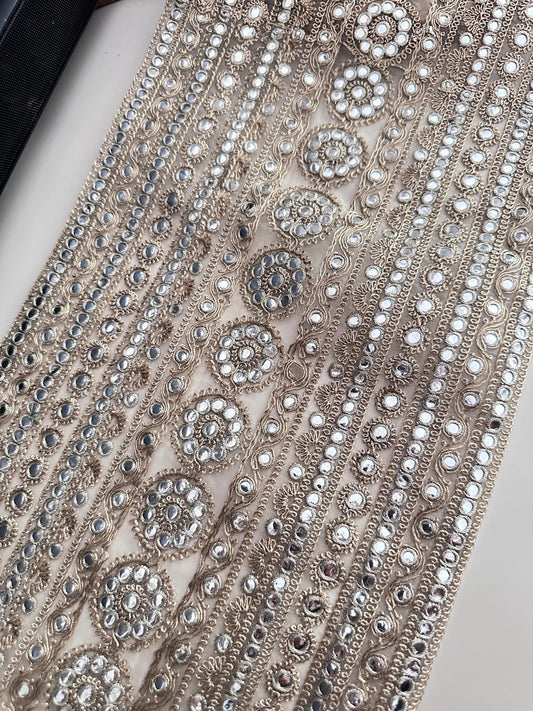Gold Embroidered Fabric with Mirror Bead Work Indian Bridal Lace Trim for Saree Lehenga Dupatta Dress Zari Border Embellishment by Yard