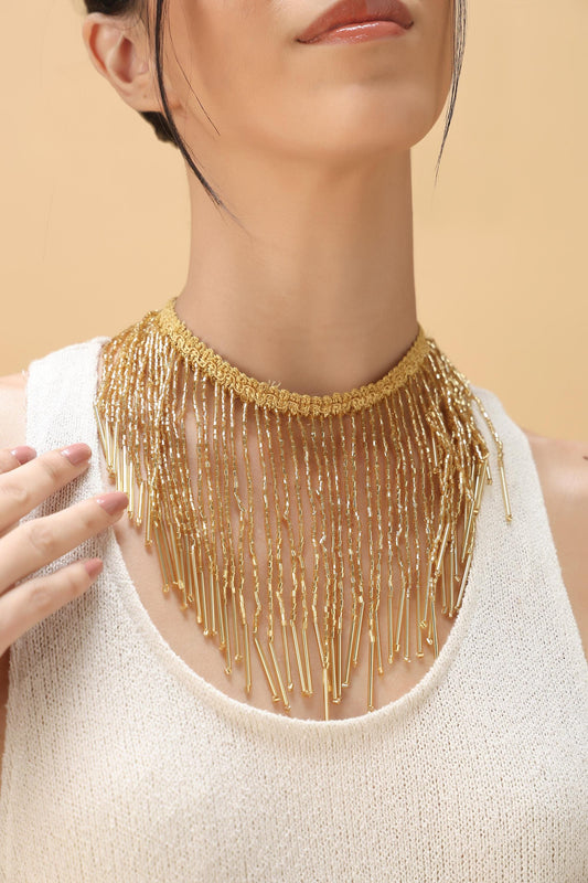 Gold Fringe Lace Choker – Adjustable Ethnic Necklace – Statement Festival Jewelry – Festive Tassel Style Neckpiece for Women