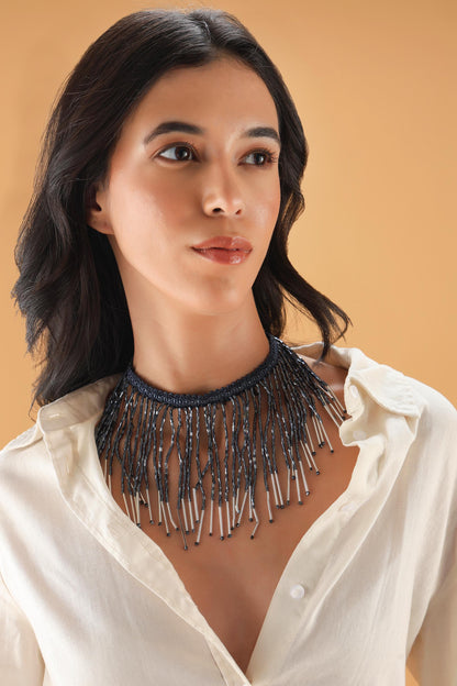 Beaded Tassel Choker Necklace Midnight Blue Crystal Statement Jewelry – Handmade Boho Festival & Evening Wear Accessory