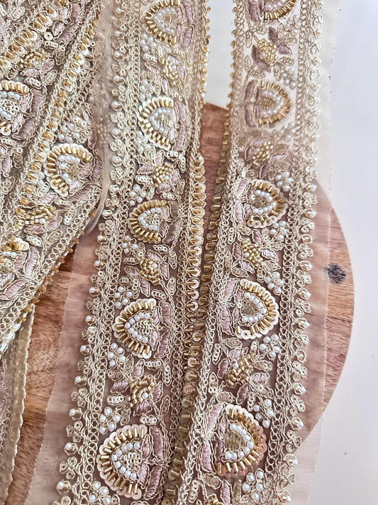 Luxury Hand Embroidered Pearl Sequin Trim Gold Zardozi Lace Border for Saree Dupatta Bridal Veil Lehenga & Wedding Dress Indian Craft Ribbon