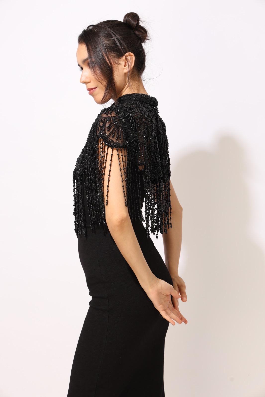 Black Embroidered Beaded Cape  Handmade Pearl Fringe Capelet Gothic Bridal Cover Up Statement Shoulder Accessory Evening Dress Cape