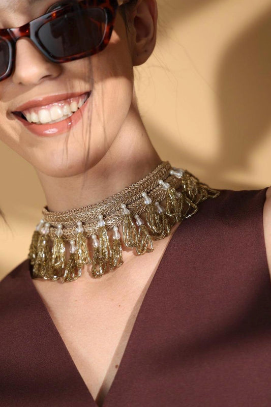 Light Gold Embroidered Golden Beaded Choker Necklace Handmade Indian Boho Statement Neckpiece Festival & Wedding Jewellery White pearl