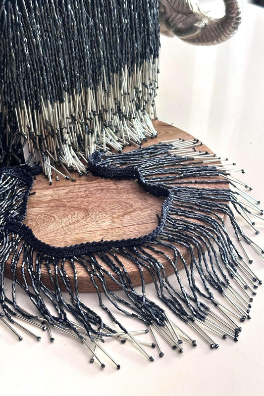 Blue Beaded Fringe Trim with Silver Bugle Beads 5.5inch Tassel Lace for Beaded Jewelry Dress Belly Dance DIY Costume Jacket Home Decor