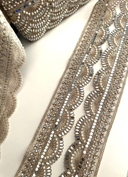 Scallop Mirror Pearl Lace Trim Gold Embroidered Bridal Border for Veils Sarees, Wedding Costumes & Decor Handmade Indian Ribbon 3 Inch