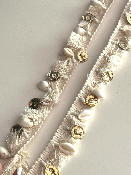 Boho Coin Shell Fringe Trim Cream Macramé Lace with Cowrie Shells & Vintage Coins Resort Wear, Boho DIY Accessories Embellishment Trim