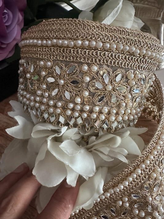 Gold Floral Pearl Trim with Mirror Work Beaded Embellished Lace Saree Border Decorative Ribbon for Saree Sewing Costumes Bridal & DIY Craft