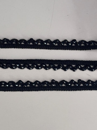 Black Crystal Beaded Lace Trim Sparkling Bridal Veil Ribbon Border Edging for Dress Saree DIY Craft Gothic & Partywear Sewing Trim 9mtrs