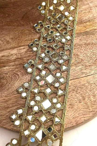 Mirror Work Border Trim Gold Glass Mirror Lace for Belt Saree Lehenga Embroidered Indian Mirror Border for DIY Clothing Jewelry Costumes