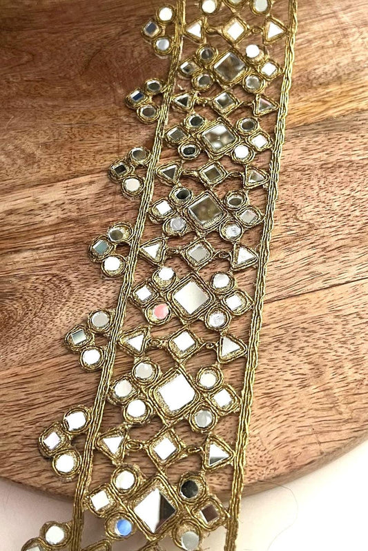Mirror Work Border Trim Gold Glass Mirror Lace for Belt Saree Lehenga Embroidered Indian Mirror Border for DIY Clothing Jewelry Costumes
