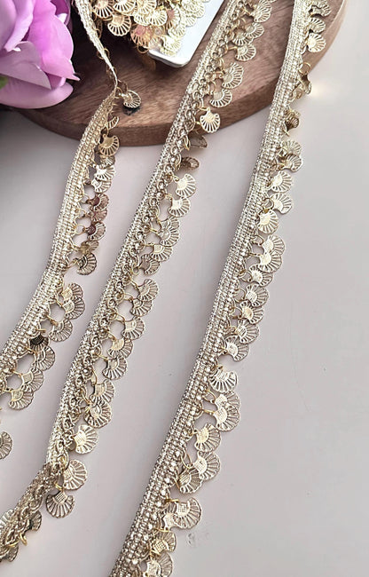 Gold Coin Metal Suspended Shell Lace Trim Boho Crafting Lace for Costume Blouse Saree Dress  Accessory Metallic Fringe Border For DIY Sewing