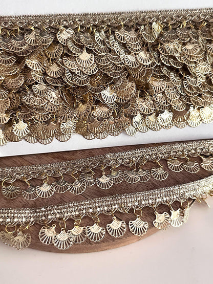 Gold Coin Metal Suspended Shell Lace Trim Boho Crafting Lace for Costume Blouse Saree Dress  Accessory Metallic Fringe Border For DIY Sewing
