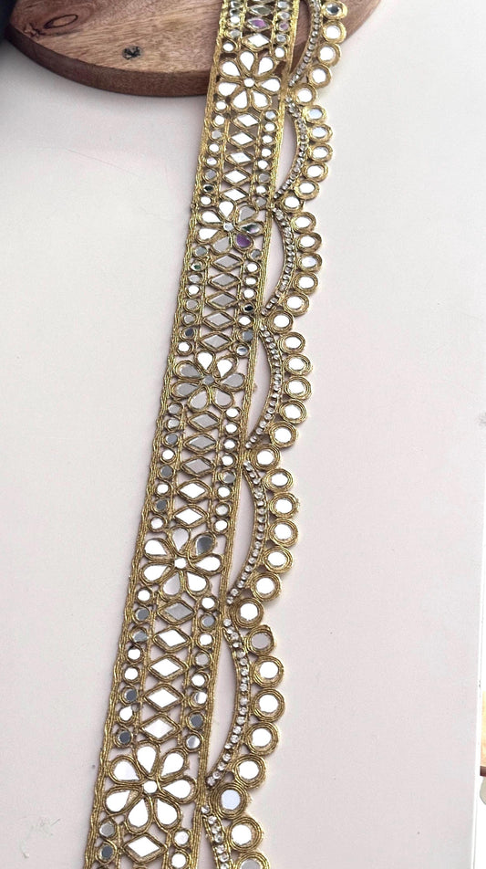 Gold Floral Mirror Lace Trim with Rhinestone Zircon Wide Indian Border for Bridal Belt Festival Cinturone DIY Costume Making & Dancewear