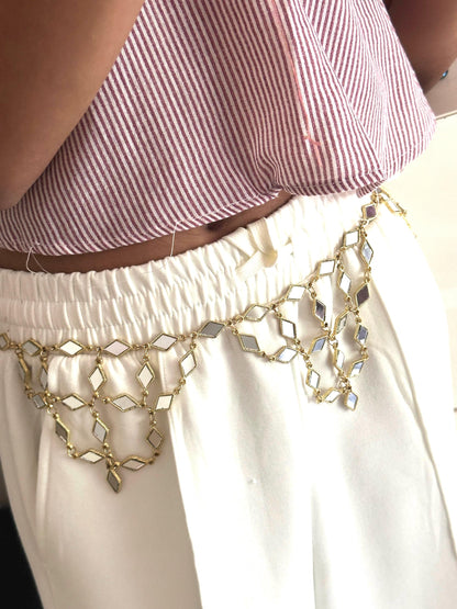 Gold Mirror Drop Chain Belt Adjustable Waist Chain for Dresses, Sarees & Lehengas Bridal Wedding Belt  Boho Festival Belly Chain Jewelry