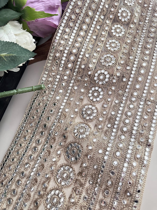 Gold Embroidered Fabric with Mirror Bead Work Indian Bridal Lace Trim for Saree Lehenga Dupatta Dress Zari Border Embellishment by Yard