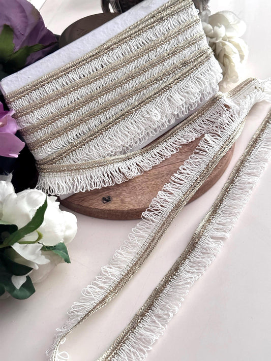 White & Gold boho Fringe Trim Loop Ribbon Metallic Curtain Edging Lace