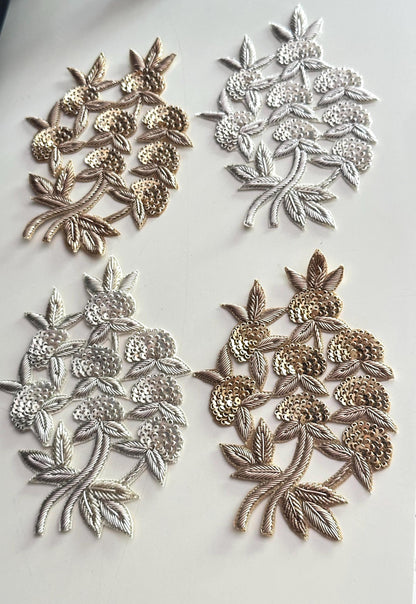 Zardozi Floral Embroidery Appliqué Handmade Sequin Patch For Bridal Dress Saree Designer Couture Gown Designer Jacket Indian Artisan Motif