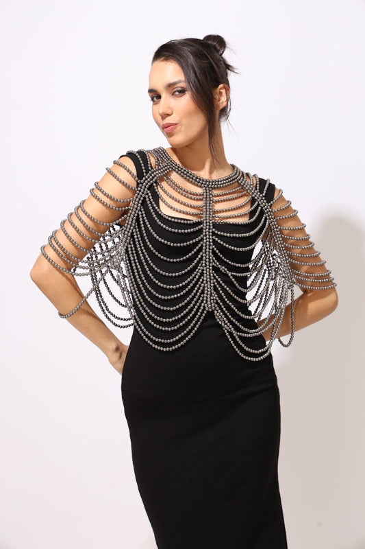 Gunmetal Beaded Shoulder Cape Handmade Fringe Capelet for Dresses Statement Shoulder Jewelry Evening Dress Accessory Body Jwellery One Size