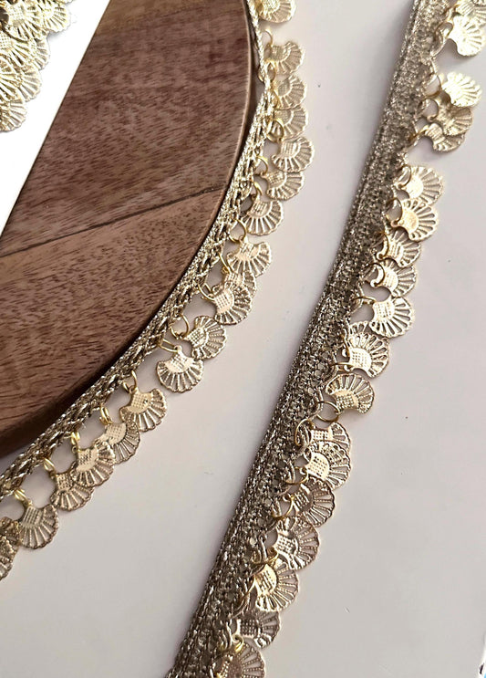 Gold Coin Metal Suspended Shell Lace Trim Boho Crafting Lace for Costume Blouse Saree Dress  Accessory Metallic Fringe Border For DIY Sewing
