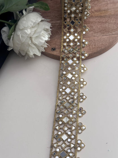 Mirror Work Lace Trim Gold Embroidery Ribbon with Shisha for Sewing Indian Saree Border Ethnic Costume Trim DIY Craft Decorative Mirror