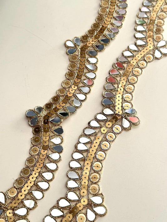 Gold Mirror Lace Trim for Saree Lehenga Bridal Veil Dupatta Dress Border Boho Wedding & DIY Craft Sequin Embellished Indian Border