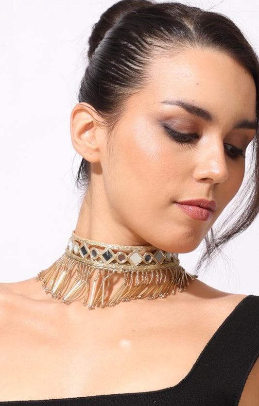 Rose Gold Lace Belt Choker Set – Handmade Gothic Statement Mirror Crystal Belt – Adjustable Fabric Jewelry – Party Gift for Her