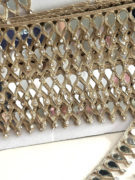 Mirror Rhinestone Lace Trim for Blouse, Saree, Lehenga Dupatta Golden Embroidered Border for Dressmaking DIY & Bridal Decor